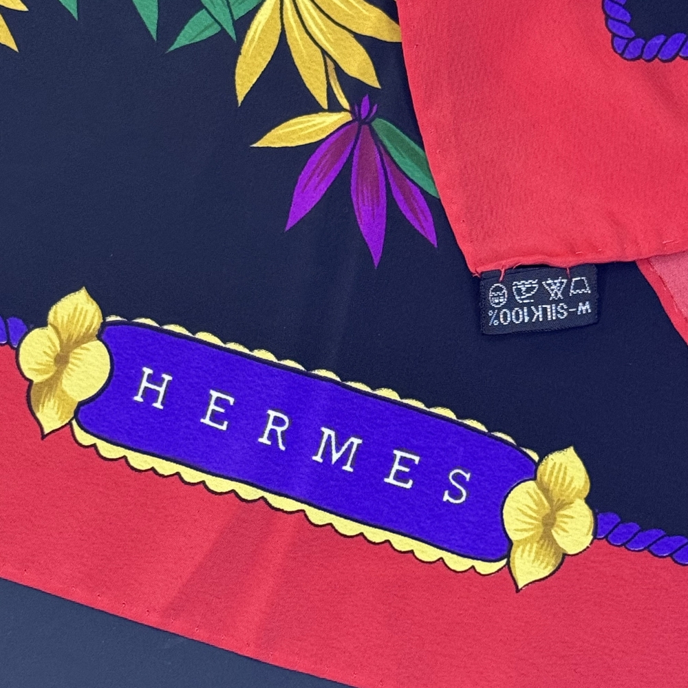 Hermes Vibrant Red and Black Scarf with Yellow and Purple Details